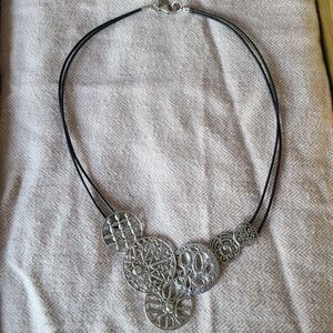 Silpada Silver Tone Filigree Disk Necklace with Black Cord